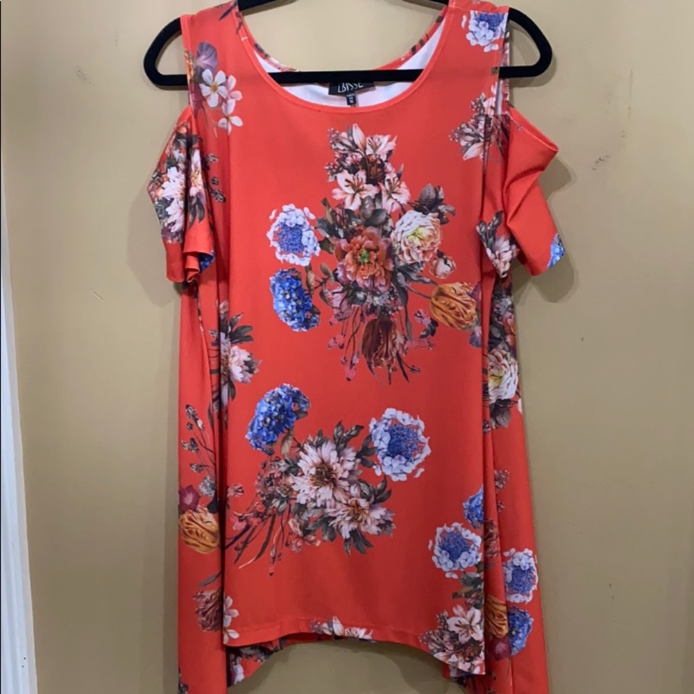 Coral and Floral Cold Shoulder Tunic style top